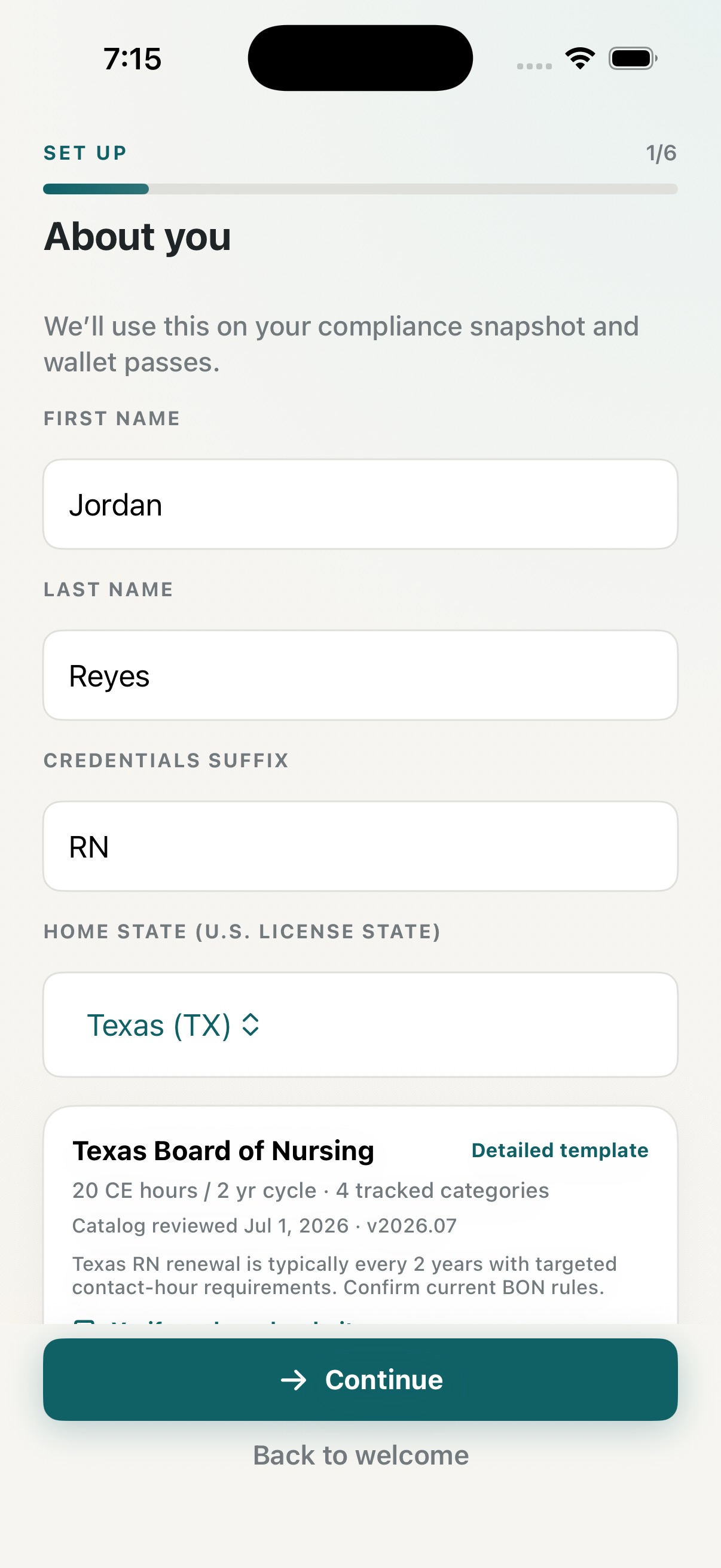 About you form with Texas board CE template