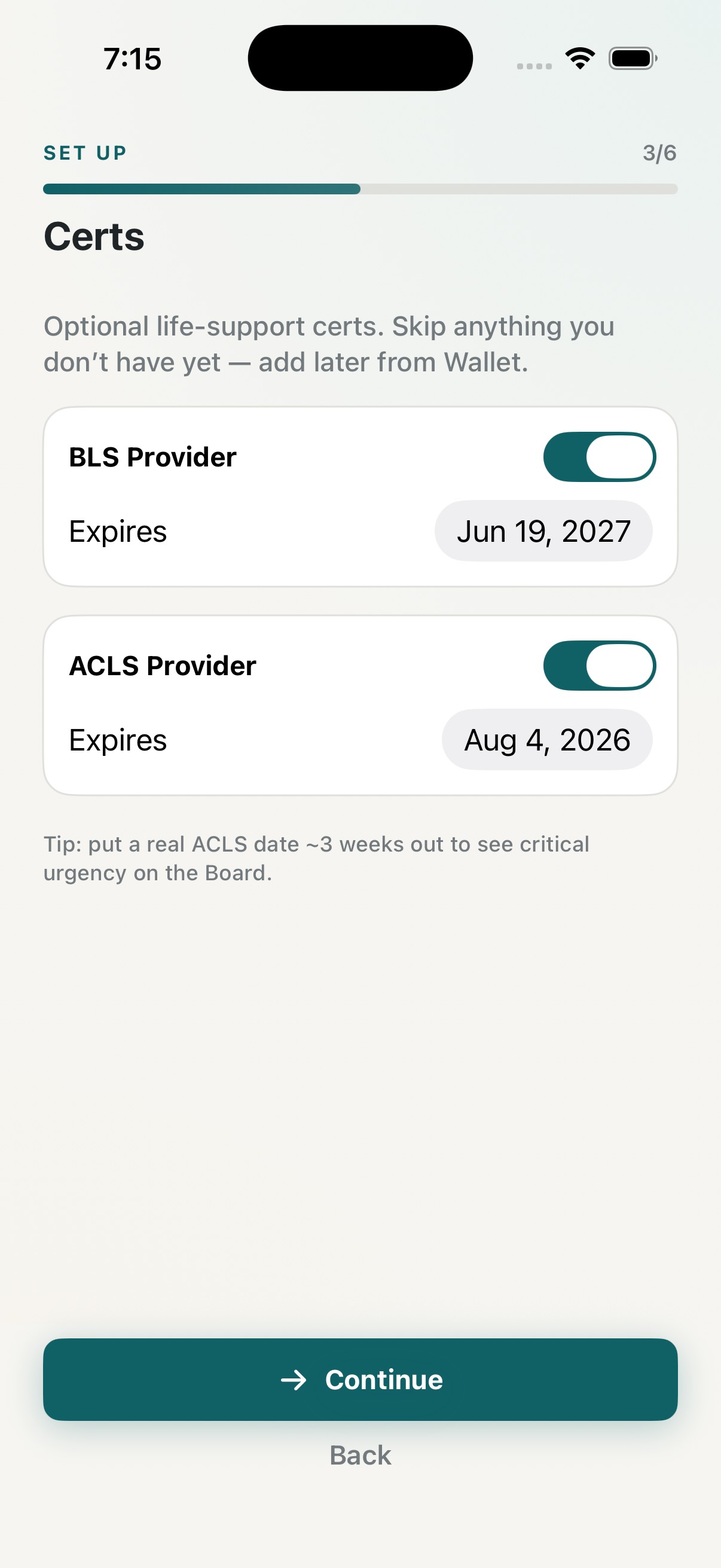 Optional BLS and ACLS certification toggles