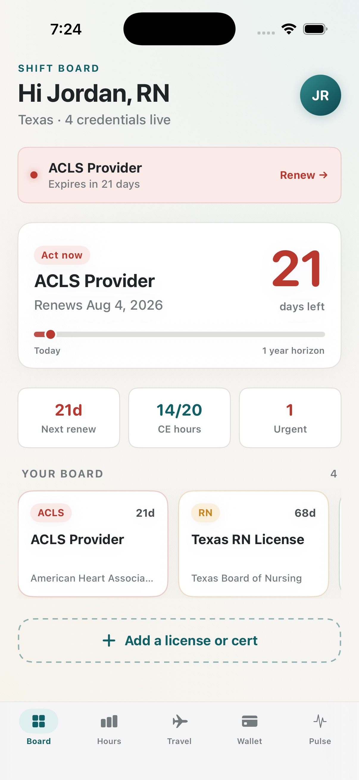 Board tab showing 21 days left on ACLS