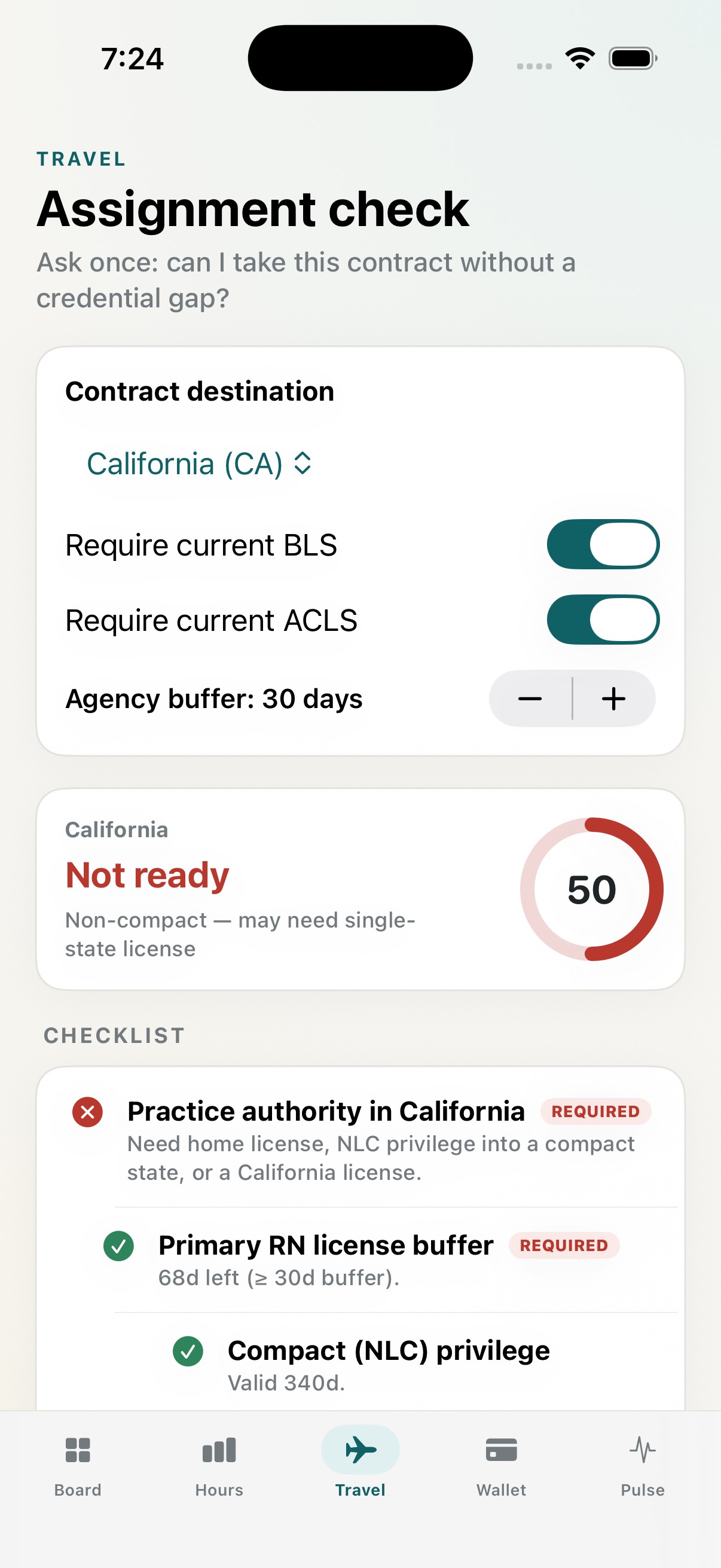 Travel assignment readiness score for California
