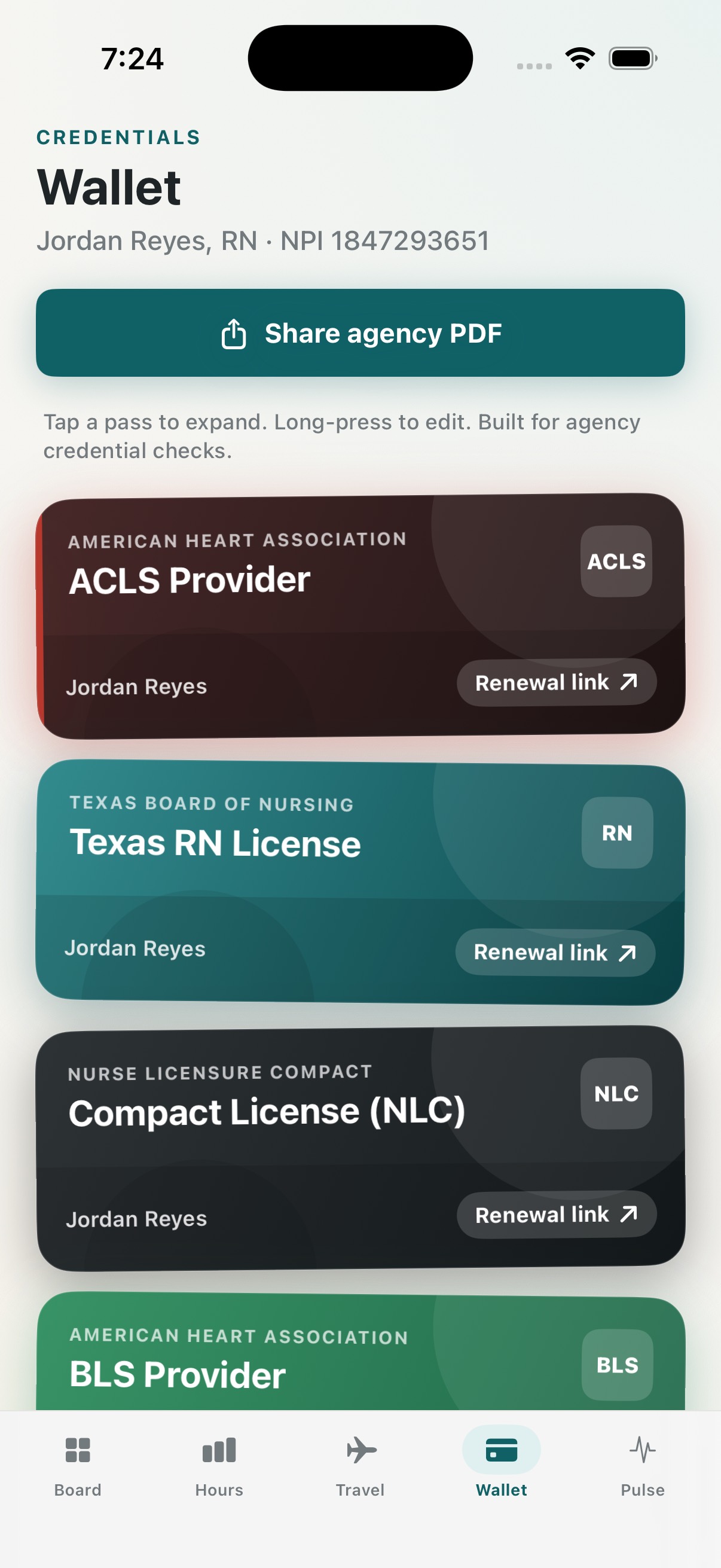 Wallet with stacked credential passes